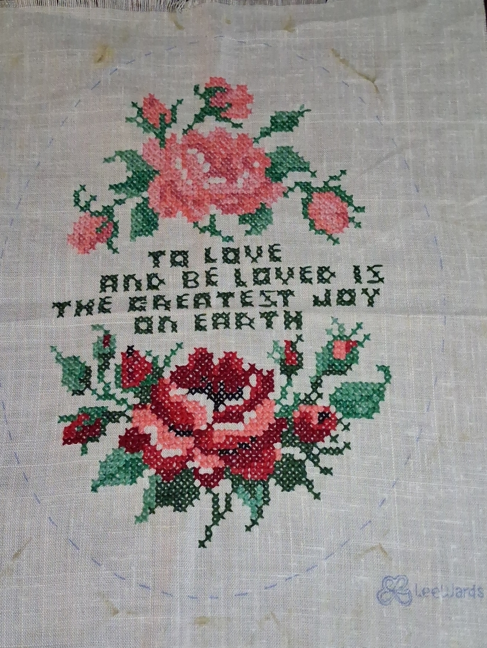 Handstitched Pink Rose Cross Stitch Wall Decor